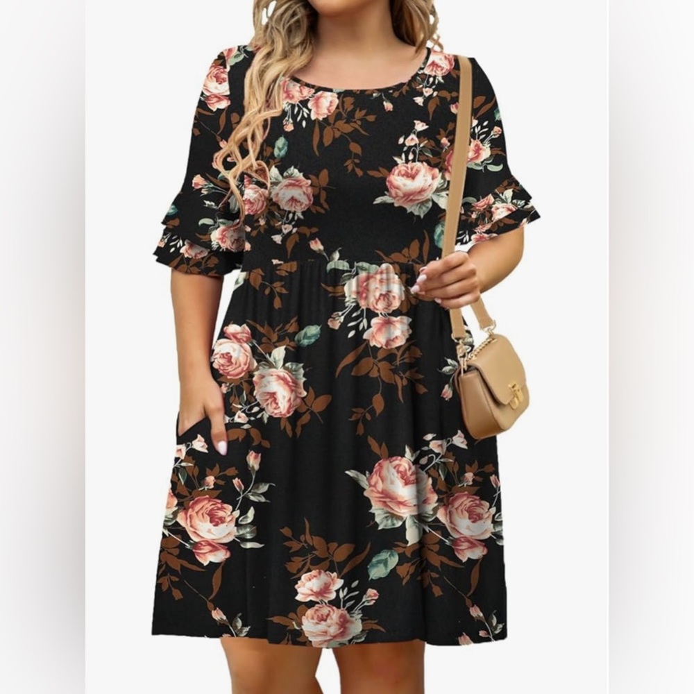 Tralilbee Women’s Plus Size Short Sleeve Pleated Casual Dress with Pockets
